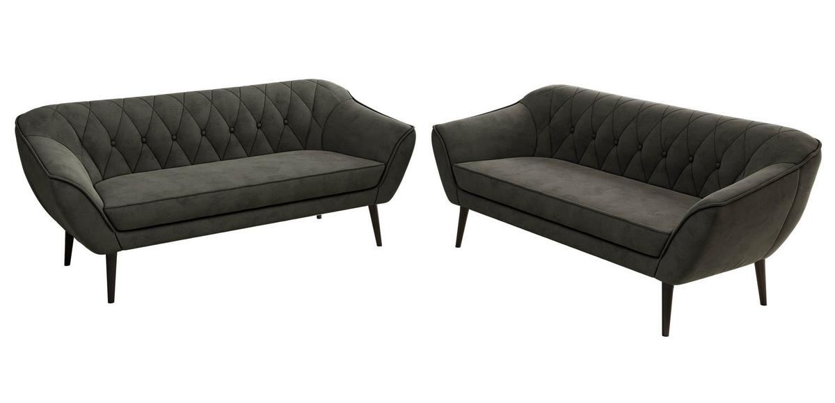 SITZGARNITUR PIRS 3+3 - Dunkelgrau Velvet - Schwarze Beine - Dunkelgrau/Schwarz, Holzwerkstoff/Textil (180/75/74cm) - MKS