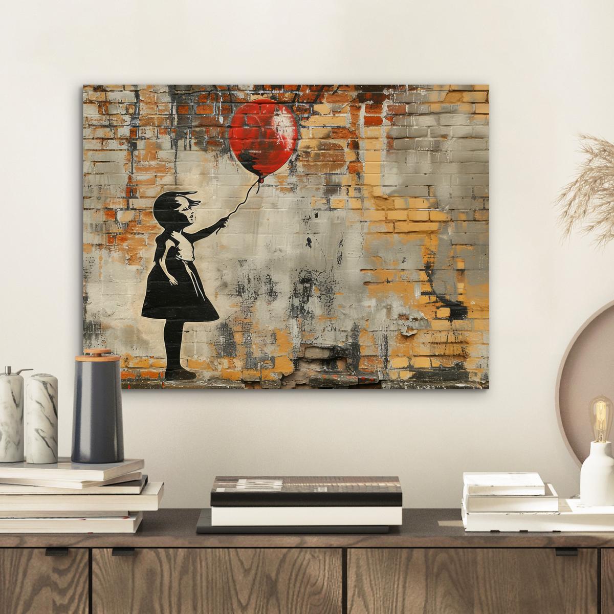 METALLBILD Graffiti - Banksy - Mädchen - Straßenkunst 40x30 cm - Sandfarben, Metall (40/30cm) - MuchoWow