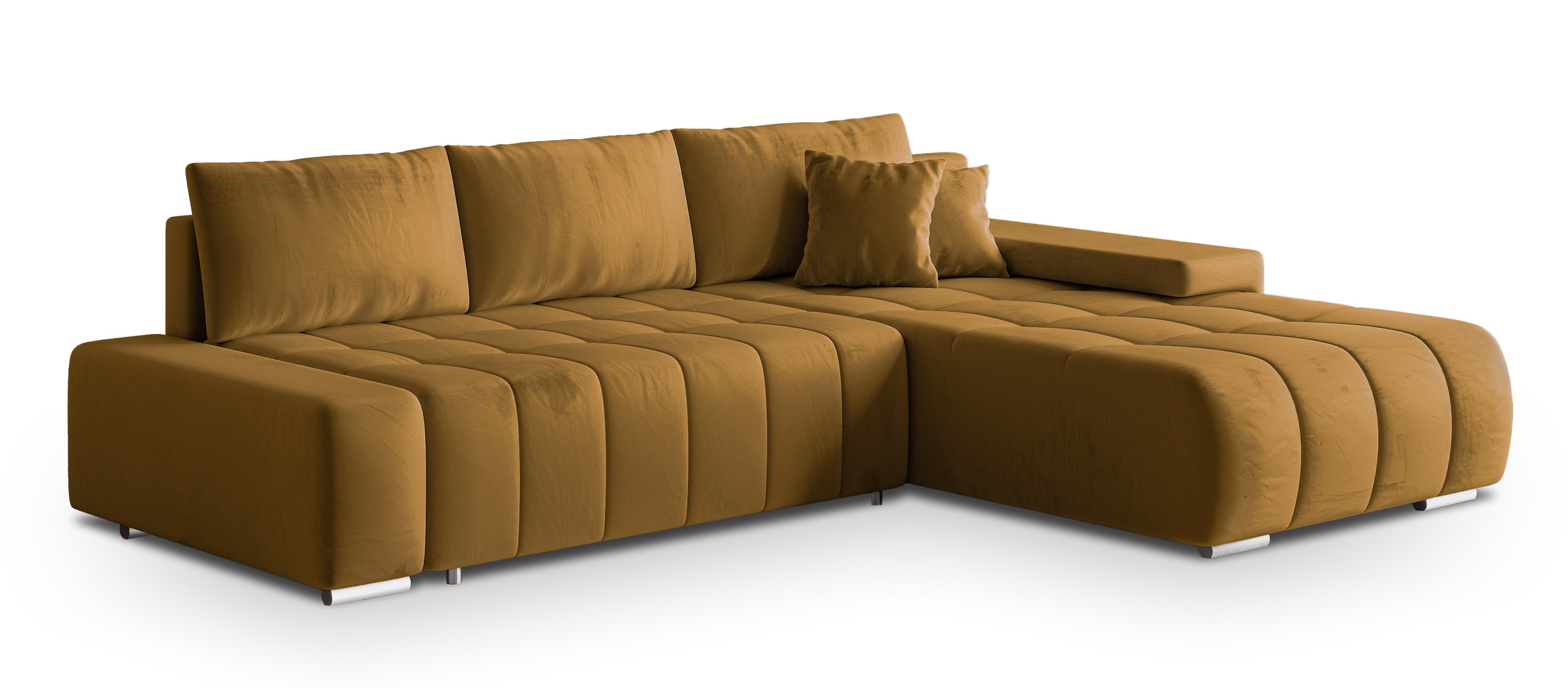 ECKSOFA ALESE R-S Gelb Velours-Stoff mit Schlaffunktion - Gelb/Silberfarben, Holz/Textil (265/185cm) - MASSENO