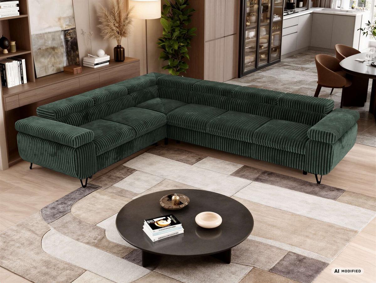 ECKSOFA NORDEN L - Dunkelgrün Cord - Rechts Seite - Dunkelgrün/Schwarz, Textil/Metall (329/269cm) - MKS