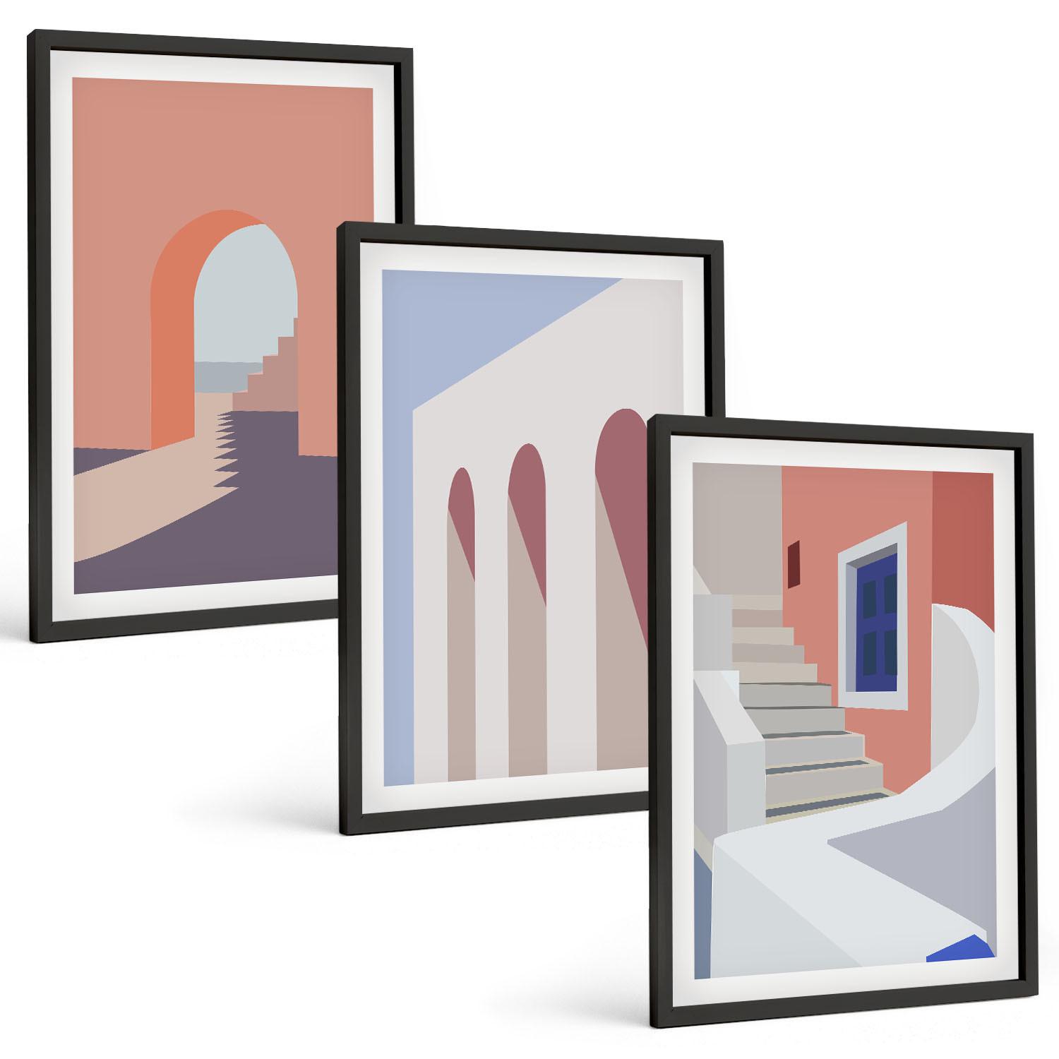 BILDER SET 3er Set - 40x60 cm Schwarzer Rahmen - Minimalistische Architekturillustrationen - Schwarz, Kunststoff (40/60cm) - TULUP
