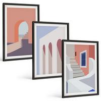 BILDER SET 3er Set - 40x60 cm Schwarzer Rahmen - Minimalistische Architekturillustrationen - Schwarz, Kunststoff (40/60cm) - TULUP