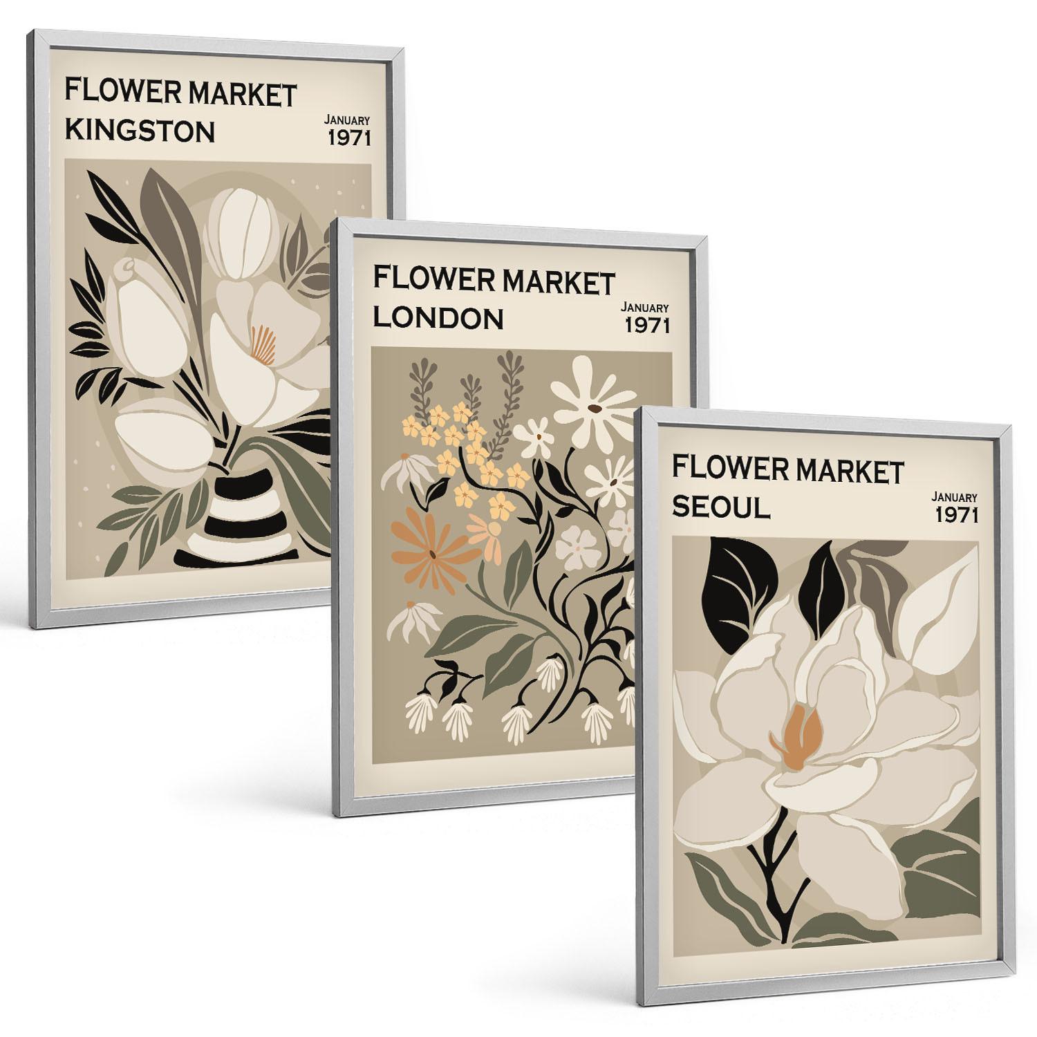 BILDER SET 3er Set - 40x60 cm Silberner Rahmen - Retro-Blumen aus Städten rund um die Welt - Silberfarben, Kunststoff (40/60cm) - TULUP