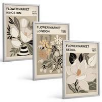BILDER SET 3er Set - 40x60 cm Silberner Rahmen - Retro-Blumen aus Städten rund um die Welt - Silberfarben, Kunststoff (40/60cm) - TULUP