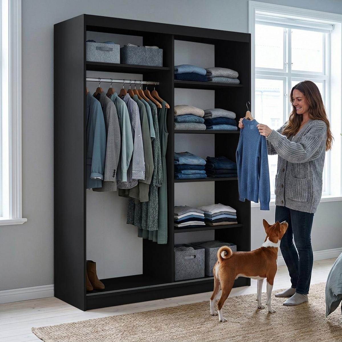 SCHWEBETÜRENSCHRANK Donatello mit 2 Türen. 160 cm, Schwarz+eiche Artisan - Schwarz/Eiche Artisan, Holzwerkstoff (160/205/60cm) - Beautysofa