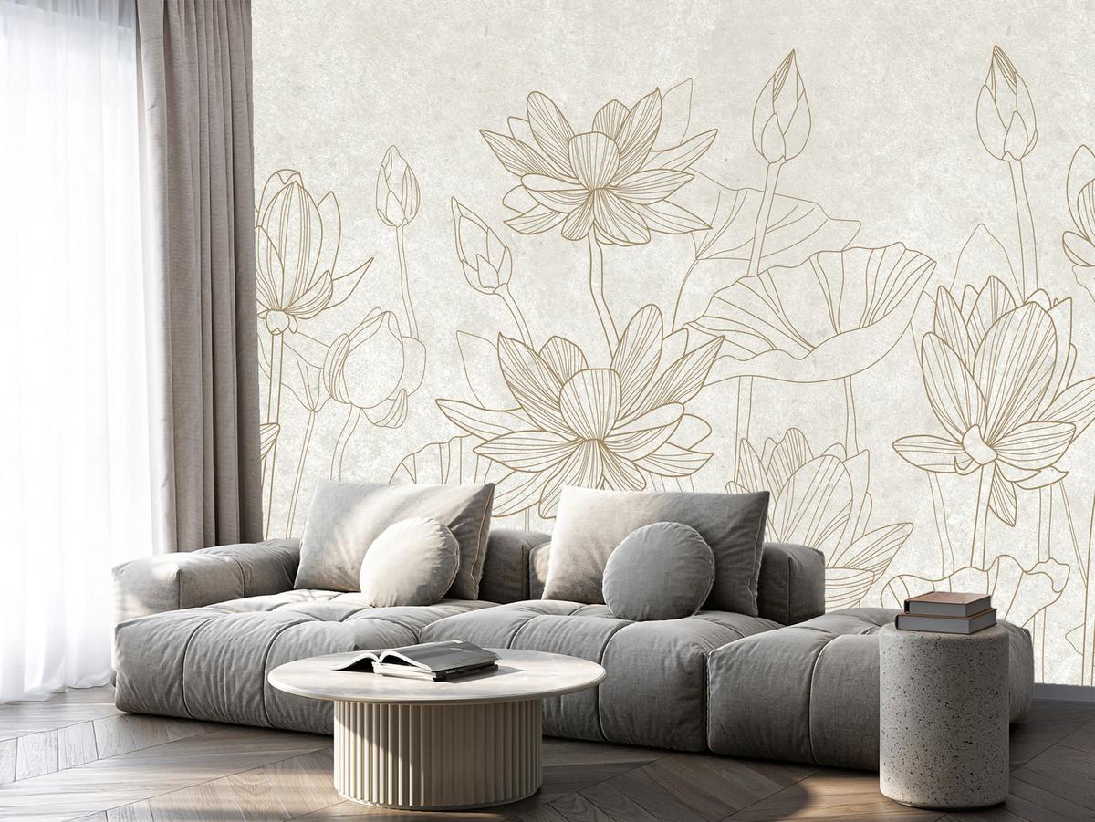 FOTOTAPETE für Wohnzimmer Linienzeichnung Blumen Pflanzen Natur 100x70 - Beige, Papier (100/70cm) - Muralo
