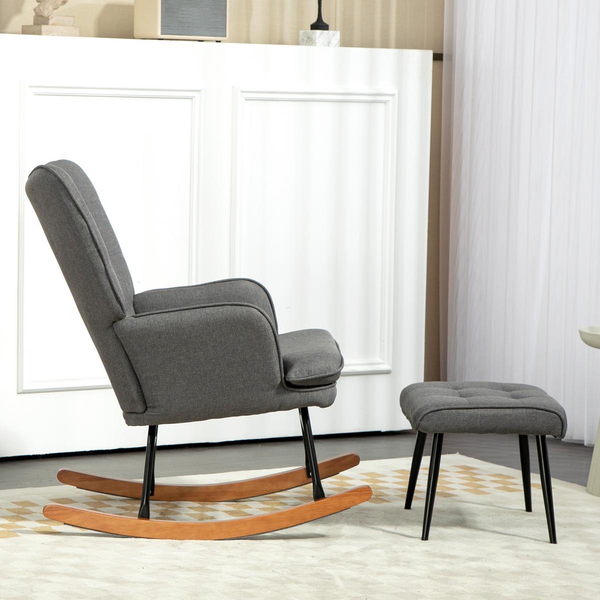 SCHAUKELSTUHL Schwingsessel mit Hocker Armlehnsessel Relaxsessel mit Leinenoptik - Dunkelgrau/Schwarz, Holz/Textil (89/90/64cm) - HOMCOM