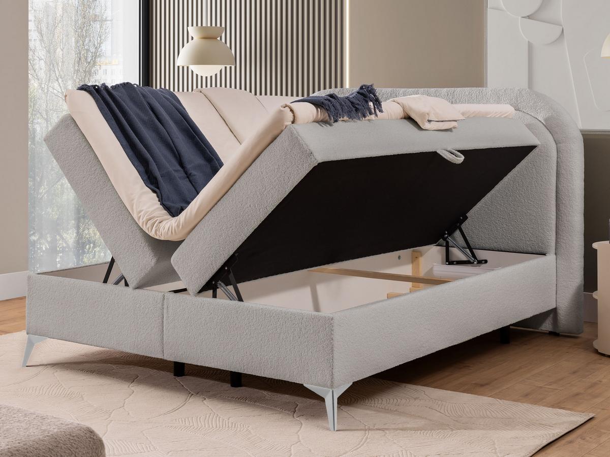 BOXBETT Sonna 140/200 cm Hellgrau Bouclé-Stoff mit abgerundetem Kopfteil und mit silbernen Metallfüßen - Silberfarben/Hellgrau, Holz/Textil (140/200cm) - S-Style Möbel