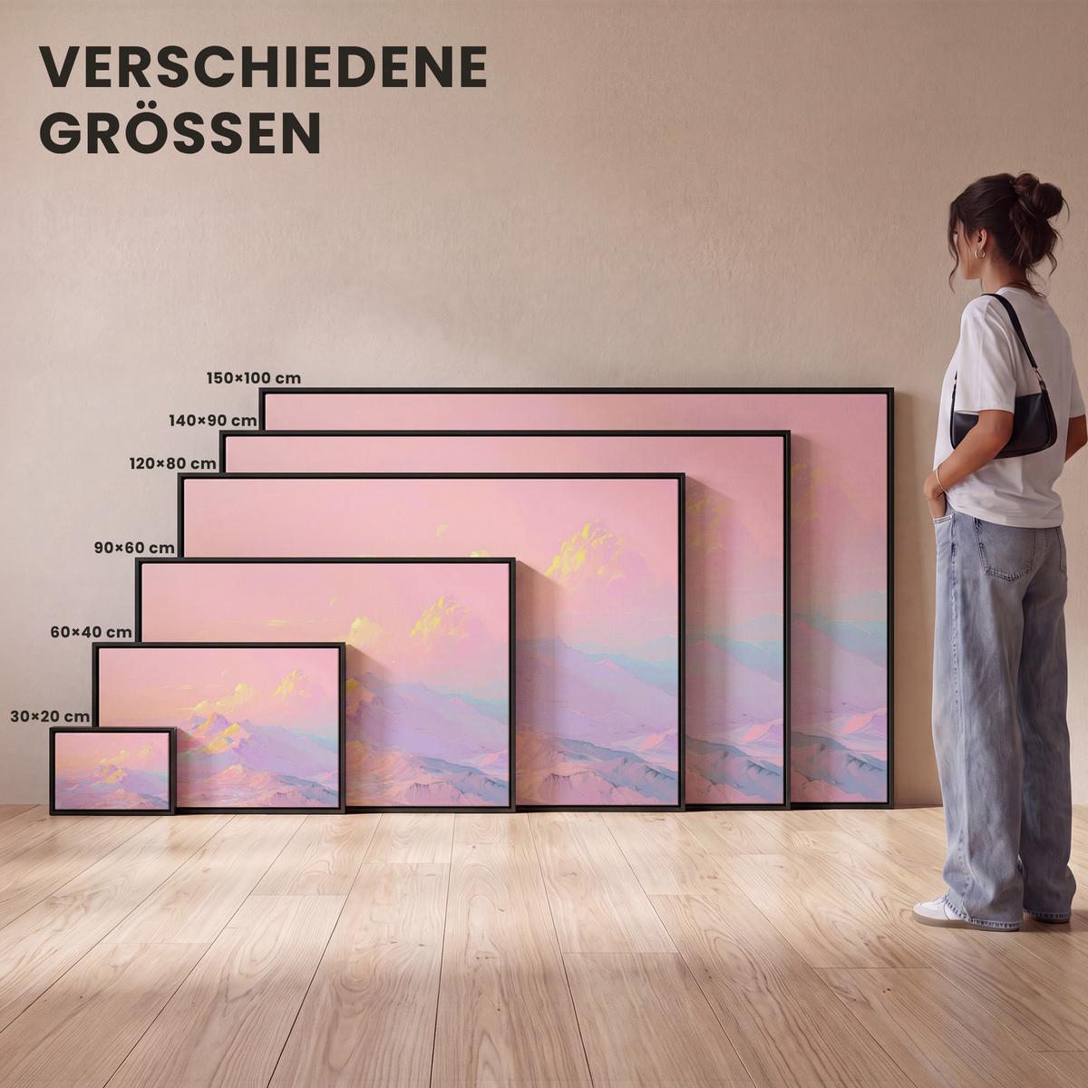 LEINWAND Bilder mit Rahmen - Berggipfel - Wolken - Verträumt - 120x80 - Hellrosa, Textil (120/80cm) - MuchoWow