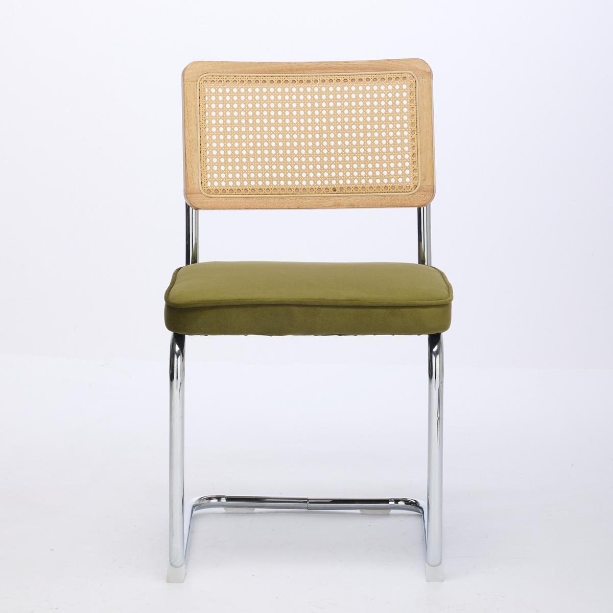 ESSZIMMERSTUHL Set 2er Olivgrün Samt & Rattan Freischwinger mit Chromgestell - Olivgrün, Textil (59/81/47cm) - Urban Meuble