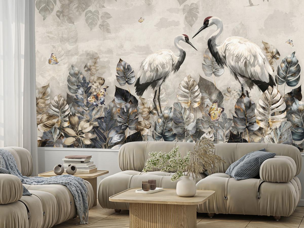 FOTOTAPETE für Wohnzimmer Kraniche Abstrakten Blättern Retro Natur 350x256 - Grau, Papier (350/256cm) - Muralo