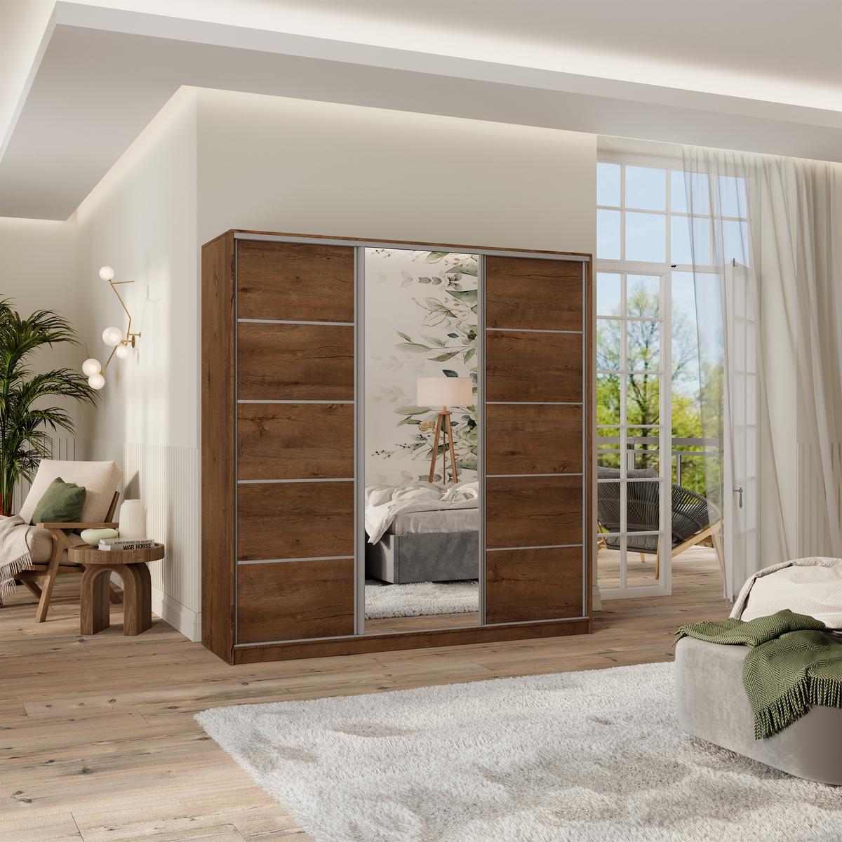SCHWEBETÜRENSCHRANK PINA 180/205/58 cm 3-türig mit Spiegel und Schubladen Eiche Lefkas - Eichefarben/Silberfarben, Holzwerkstoff (180/205/58cm) - MASSENO