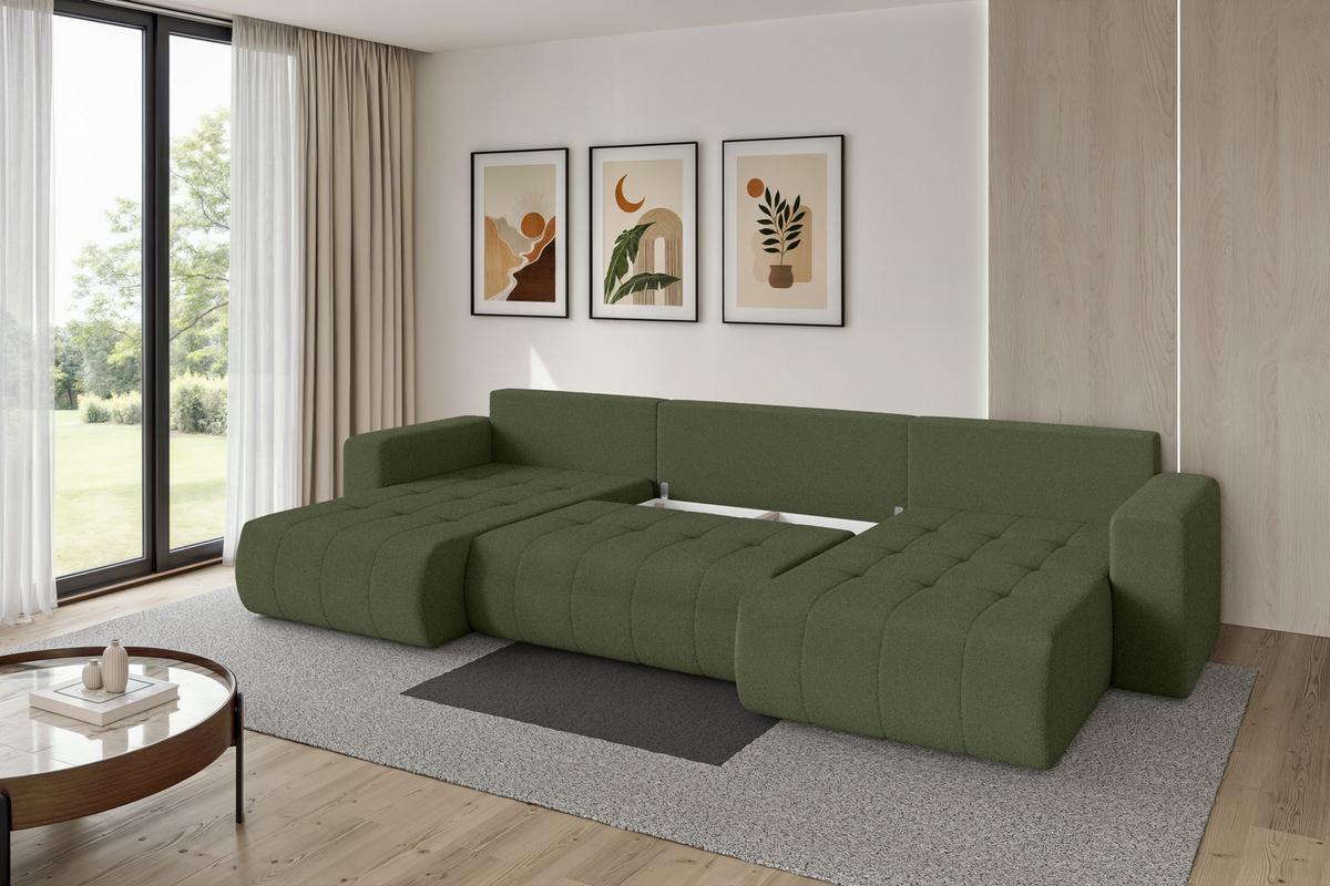 WOHNLANDSCHAFT mit Schlaffunktion und Bettkasten MILA-U 378x194x86 Grün Bouclé - Schwarz/Olivgrün, Holzwerkstoff/Kunststoff (378/86/194cm) - ALTDECOR