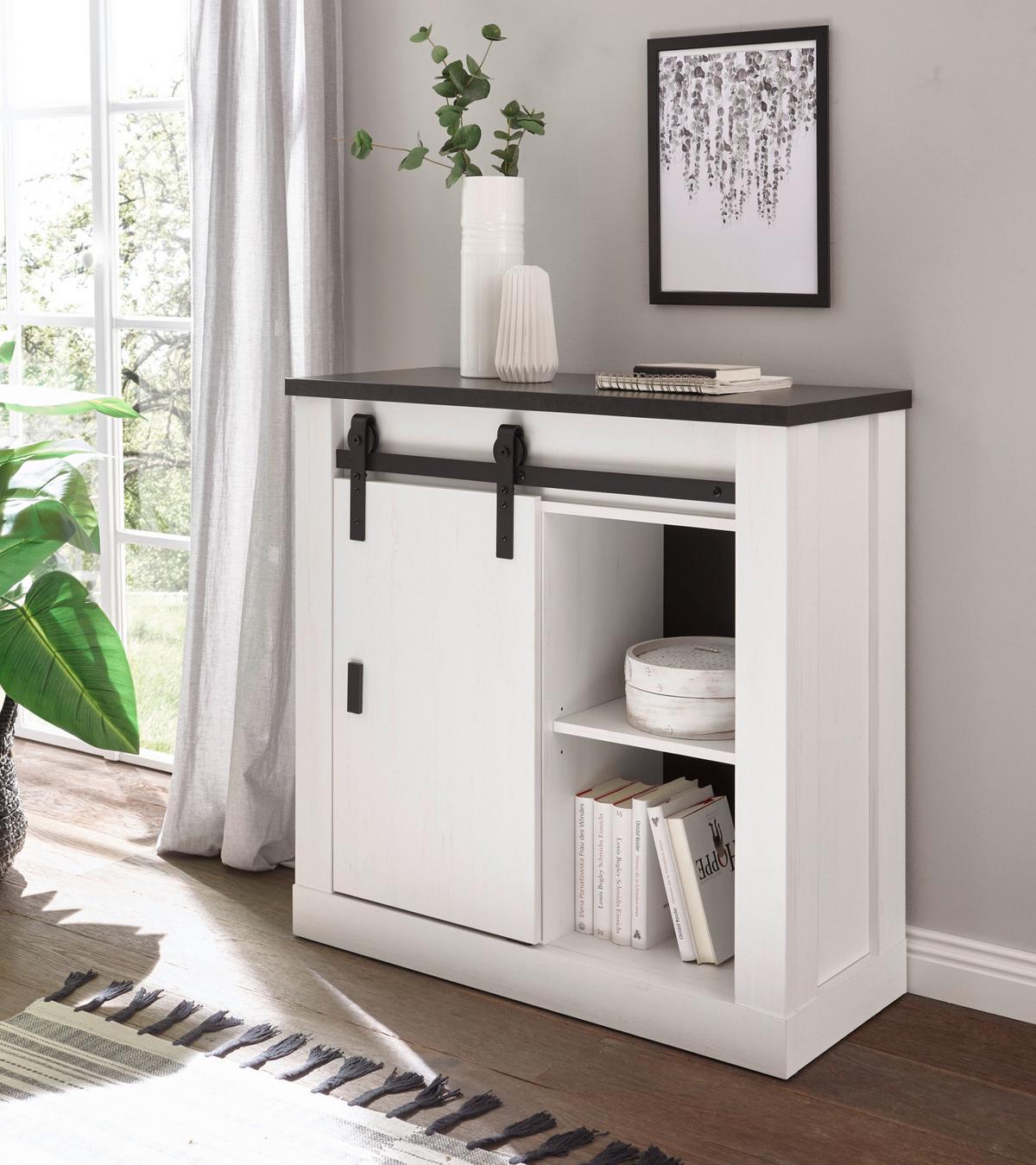 KOMMODE weiß Pinie, anthrazit, Landhaus, Schiebetürenkommode 93 x 91 cm - Anthrazit/Weiß, Holzwerkstoff/Metall (93/91/38cm) - Furn.Design