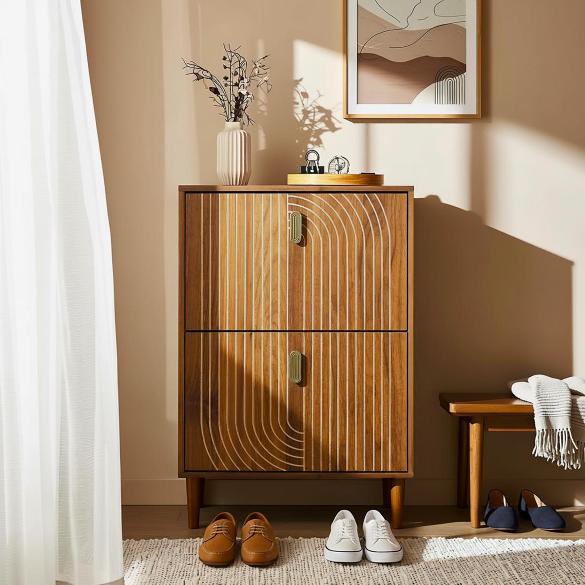 SCHUHSCHRANK 60 cm Braun mit 2 Klappfächern, Rillenfront und Metallgriff für Flur - Braun, Holzwerkstoff (60/96/24cm) - Urban Meuble