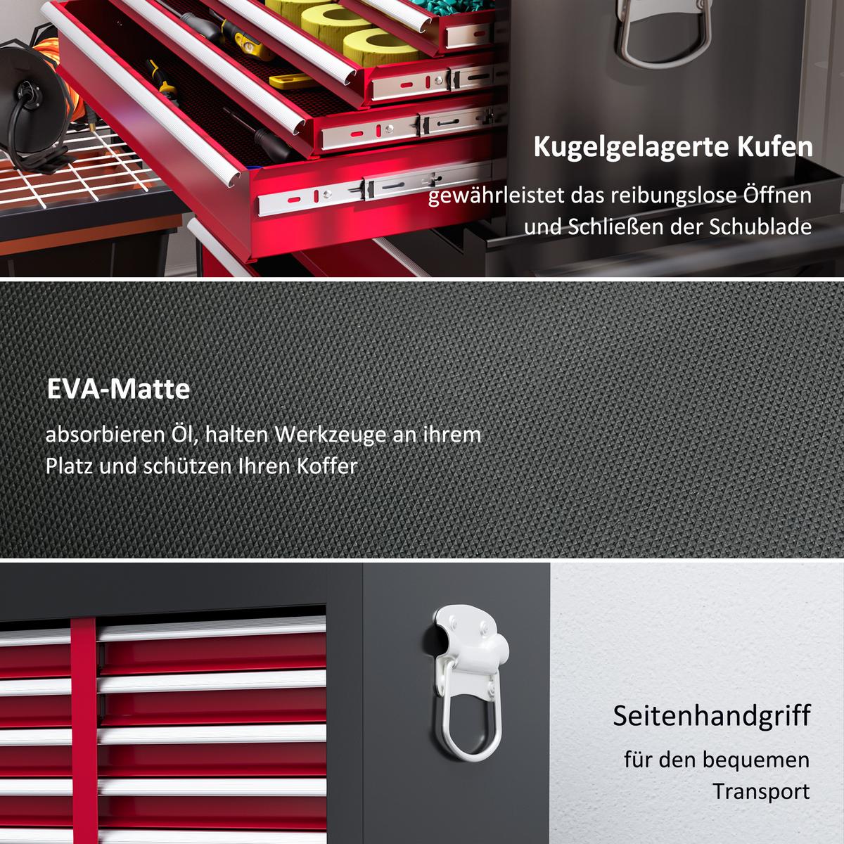 WERKSTATTWAGEN mit Rollen, mit 14 Schubladen, Rot - Rot, Metall (33/75/76cm) - HOMCOM