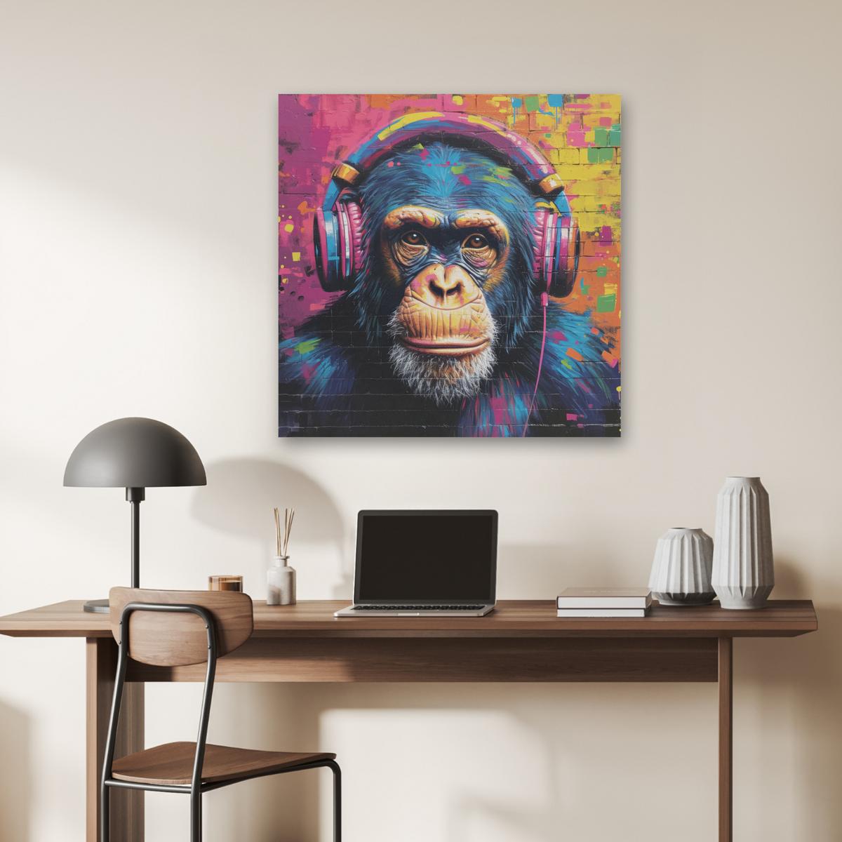 AKUSTIKBILD Graffiti - Schimpanse - Straßenkunst - Kopfhörer - Affe Akustikpaneele 80x80 cm - Blau, Kunststoff (80/80/0.9cm) - MuchoWow