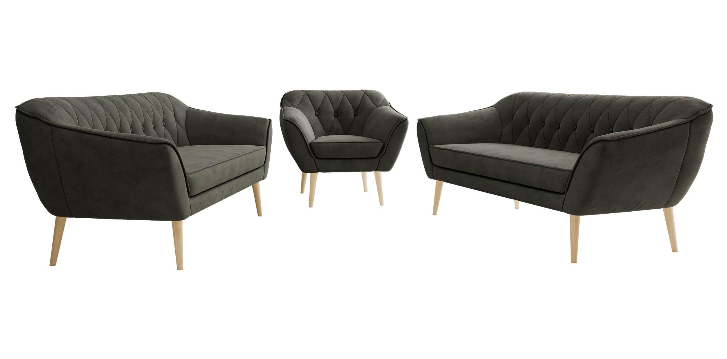 SITZGARNITUR PIRS 3+3+1 - Dunkelgrau Velvet - Holzbeine - Dunkelgrau/Buchefarben, Holzwerkstoff/Textil (180/75/74cm) - MKS