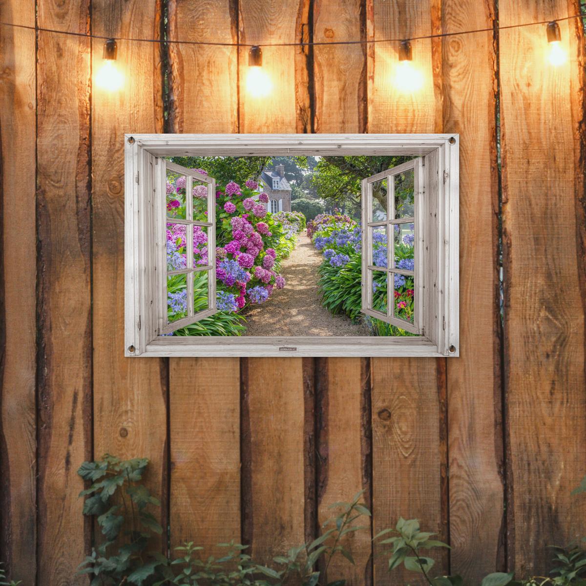 GARTENPOSTER Hortensie - Durchsichtig - Blumen - Sommer - Lila - Weg Gartendeko 90x60 cm - Grün, Kunststoff (90/60/0.2cm) - OnlyWow