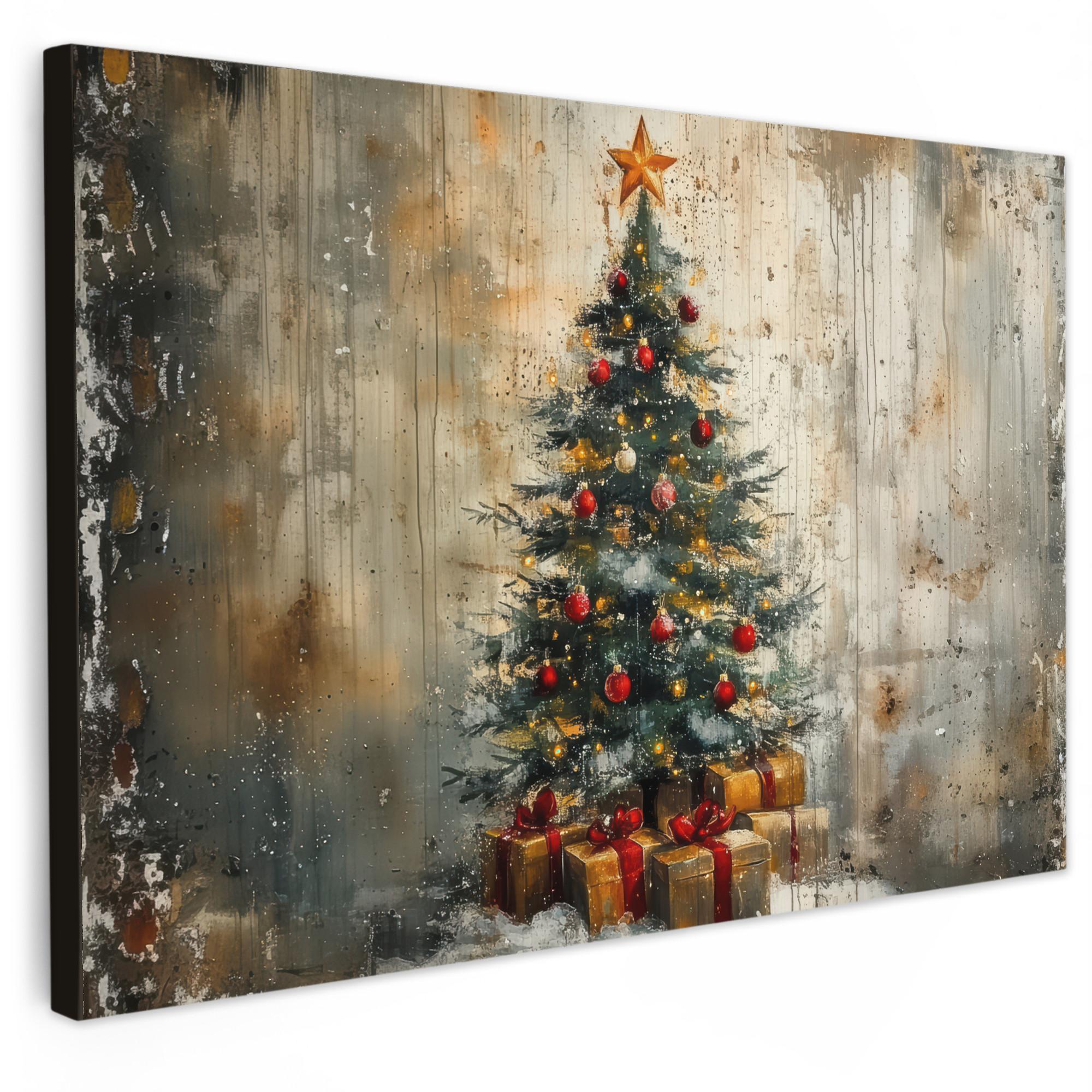 LEINWANDBILD Weihnachtsbaum - Vintage - Weihnachten - Geschenk Wohnzimmer Groß 120x80 cm - Rostfarben, Textil (120/80cm) - MuchoWow