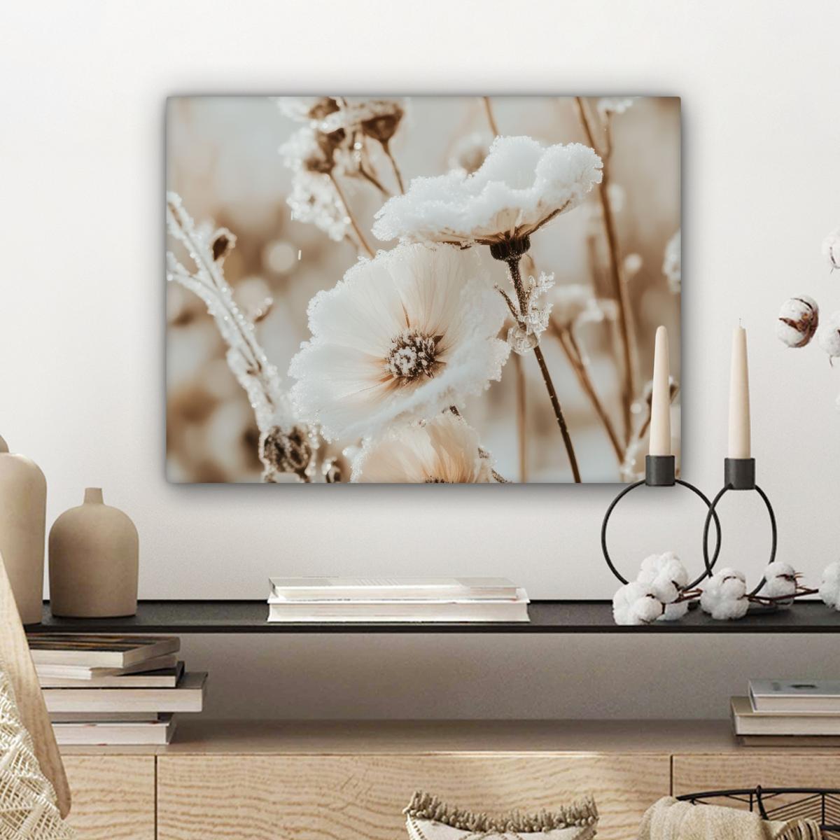 LEINWANDBILD Blumen - Winter - Weiß - Schnee - Beige Wandbild 40x30 cm - Creme, Textil (40/30cm) - MuchoWow