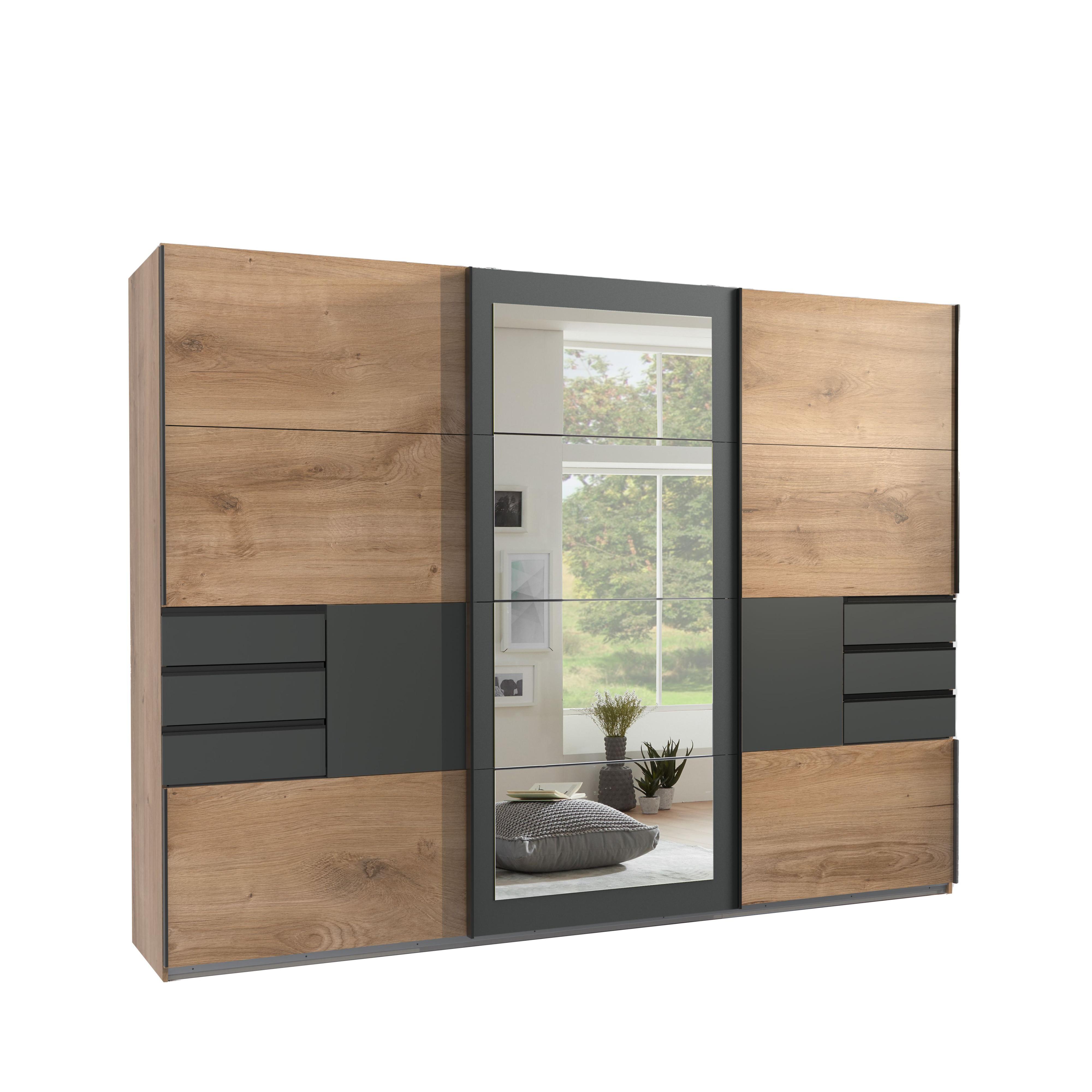 SCHWEBETÜRENSCHRANK 3-türig B270/H208/64 cm in Eiche Dekor mit Absetzungen in Grafit, Spiegel & Schubladen, Kleiderschrank inkl. Vollausst. / 22503 - Blau/Eichefarben, Holzwerkstoff/Metall (270/208/64cm) - luma-home