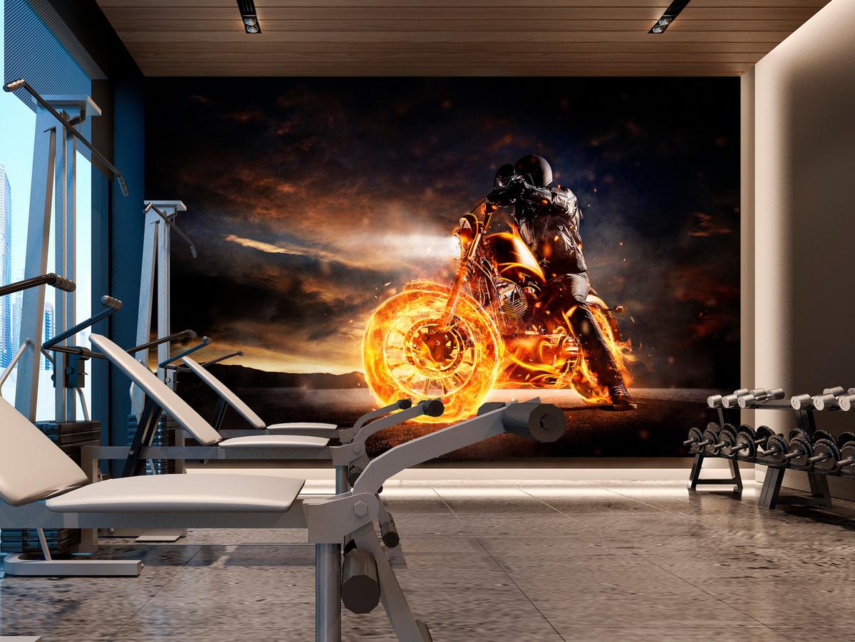 FOTOTAPETE für Jugendzimmer Mann Brennenden Motorrad Sport Nacht 150x105 - Schwarz/Orange, Papier (150/105cm) - Muralo