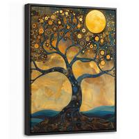 LEINWAND Bilder mit Rahmen - Baum - Mond - Blumen - Gold - Kunst - 30x40 - Orange, Textil (30/40cm) - MuchoWow