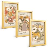 BILDER SET 3er Set - 20x30 cm Goldrahmen - Blumenmuster Amsterdam Paris London - Goldfarben, Kunststoff (20/30cm) - TULUP