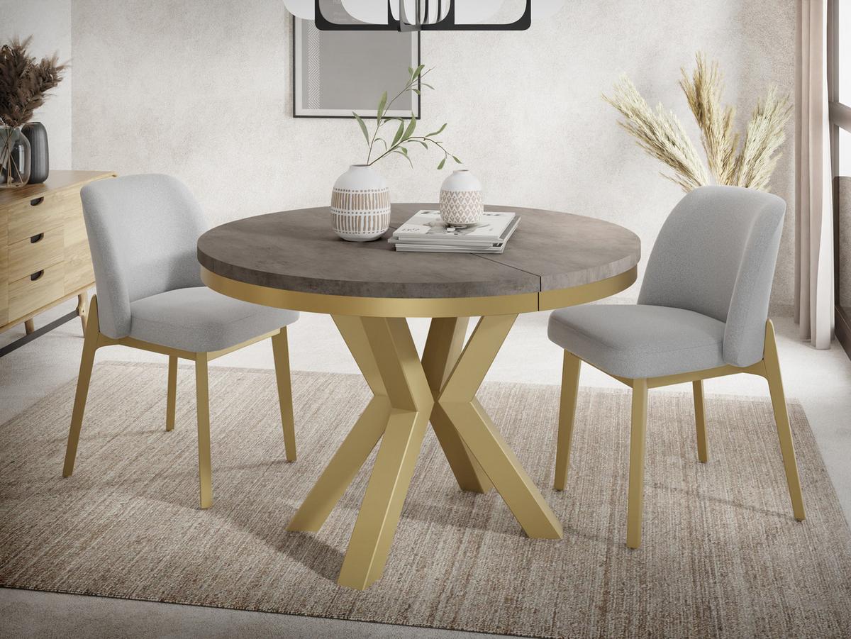ESSTISCH Clara Gold runder ausziehbarer, Dunkelgrauer Chicago Beton 100-180/100/76 cm - Dunkelgrau/Goldfarben, Holzwerkstoff/Metall (100/176/76cm) - WFL GROUP