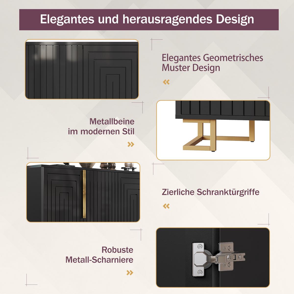 SIDEBOARD SCHWARZ & GOLD 152 CM MIT GEOMETRISCHEM RELIEF & 4 FÄCHERN - Schwarz, Holzwerkstoff (152/75/40cm) - Urban Meuble