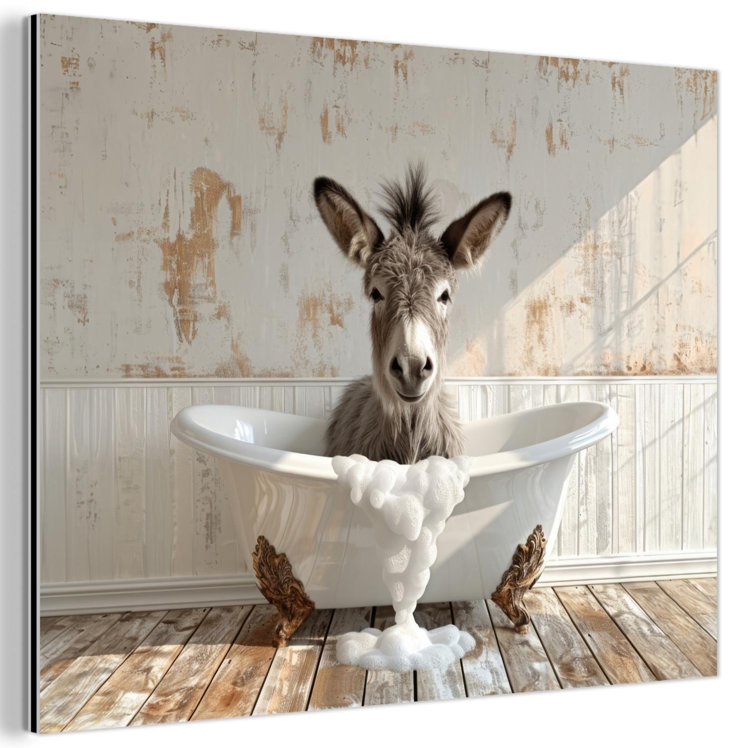 METALLBILD Esel - Tiere - Badewanne - Schaumstoff 80x60 cm - Weiß, Metall (80/60cm) - MuchoWow