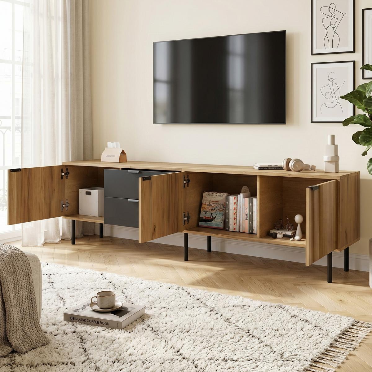 TV-LOWBOARD Lowboard 208cm Schwarz & Holzoptik für 85 Zoll, 3 Schränke und 2 Schubladen - Naturfarben, Holzwerkstoff (208/48/40cm) - Urban Meuble