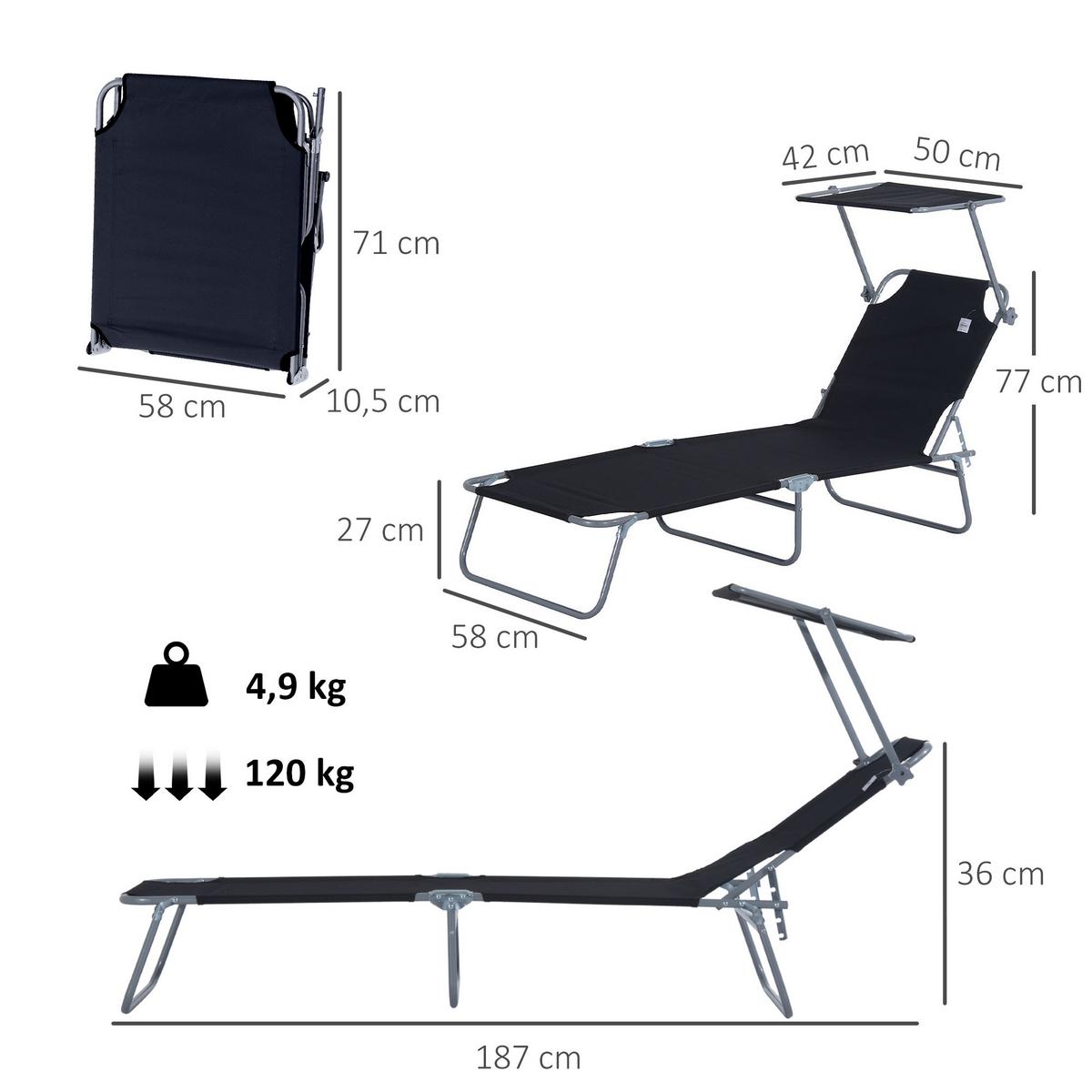SONNENLIEGE mit Sonnenschutz, Schwarz - Schwarz, Metall (58/27/187cm) - Outsunny