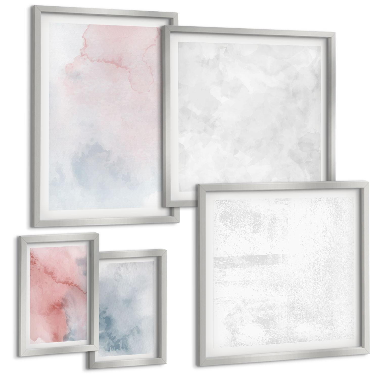BILDER SET 5er Set - 50x50 cm & 20x30 cm & 40x60 cm Silberner Rahmen - Pastellfarbene Aquarelltexturen - Silberfarben, Kunststoff (40/60cm) - TULUP