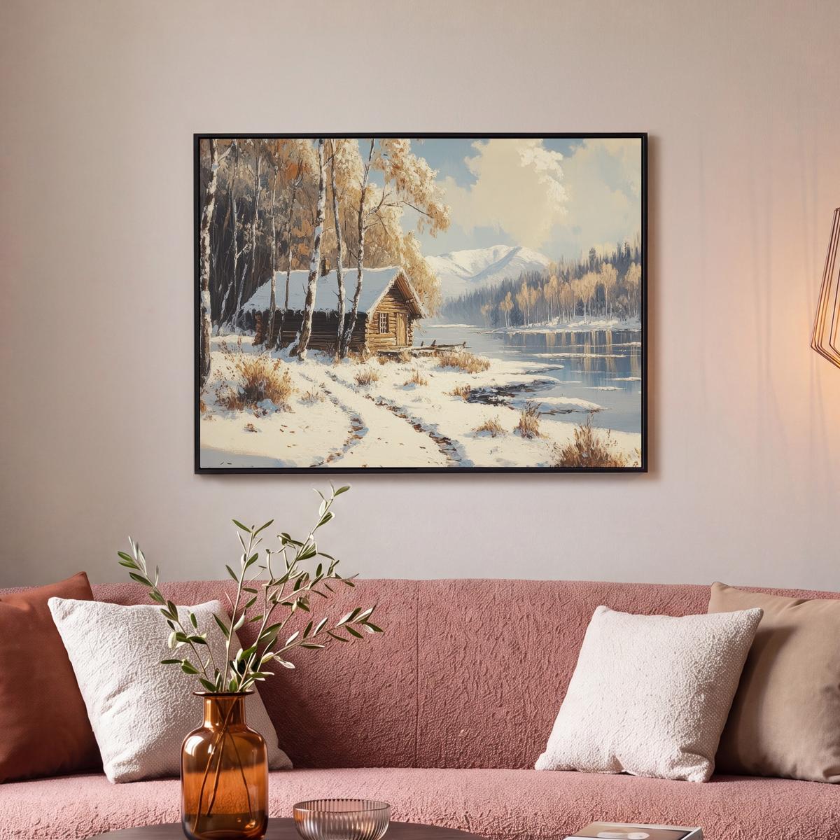LEINWAND Bilder mit Rahmen - Winter - Schnee - Zuhause - Natur - 80x60 - Hellbraun, Textil (80/60cm) - MuchoWow