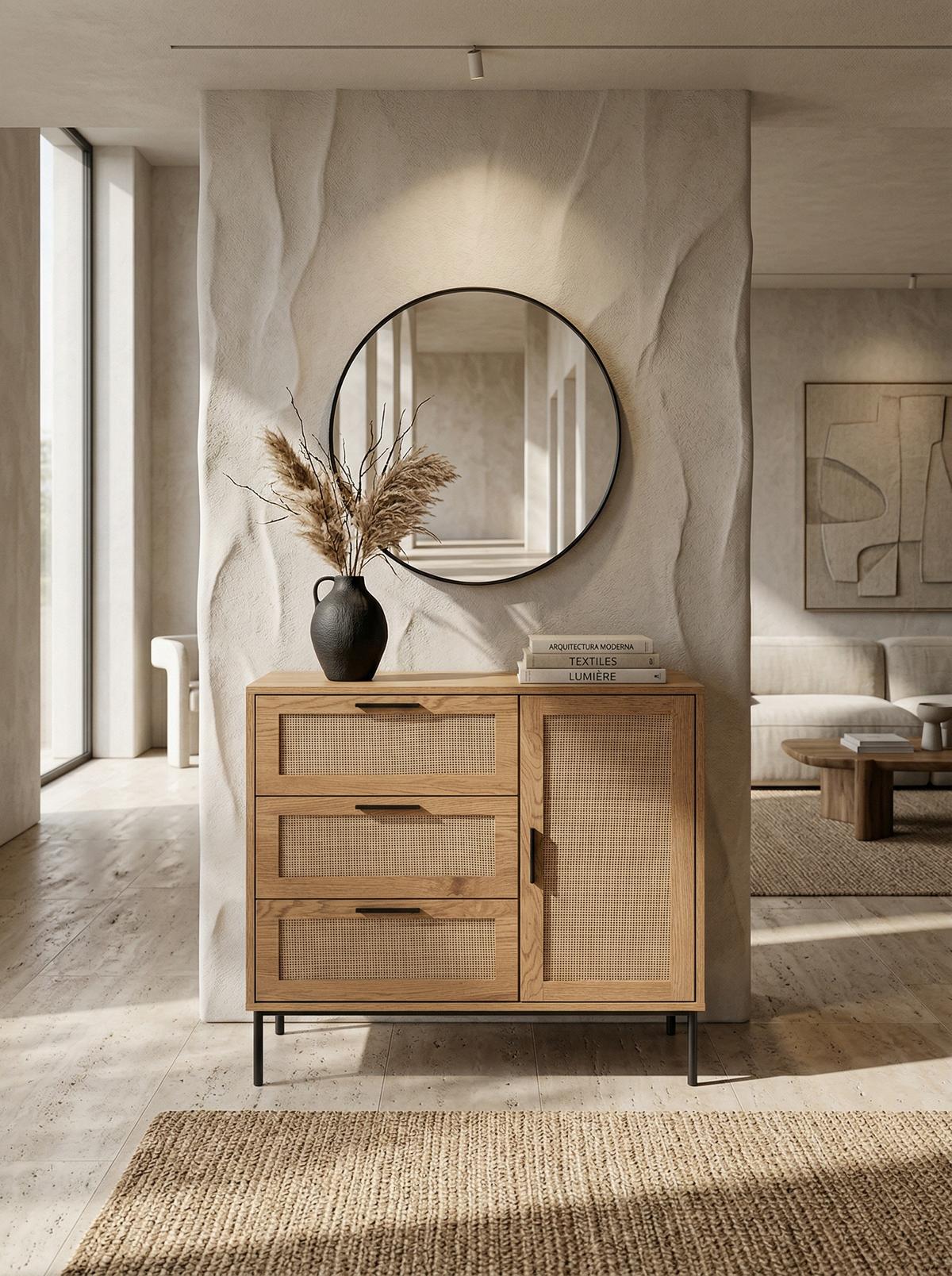 KOMMODE – Eiche-Dekor/Rattan, 80x82x36 cm, 3 Schubladen, 1 Tür, modern - Schwarz/Braun, Holzwerkstoff/Metall (80/82/36cm) - KADIMA DESIGN