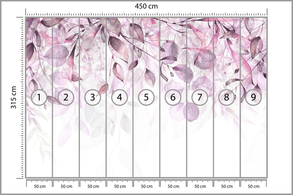 FOTOTAPETE für Schlafzimmer Aquarell Zarte Rosa Blätter Botanisch 450x315 - Violett/Weiß, Papier (450/315cm) - Muralo
