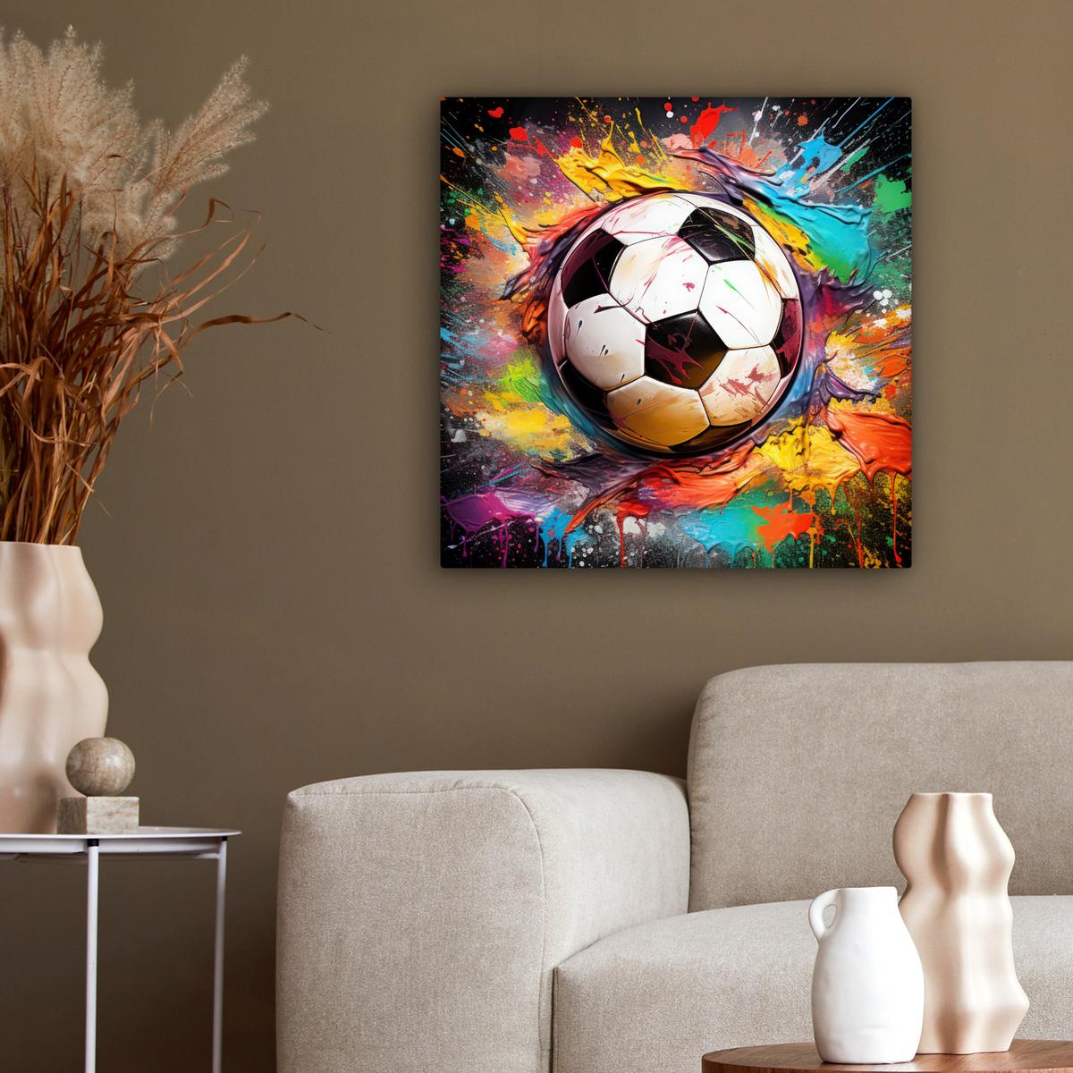LEINWANDBILD Fußball - Farbe - Farben - Schwarz - Weiß Wandbild Wohnzimmer 50x50 cm - Weiß, Textil (50/50cm) - MuchoWow