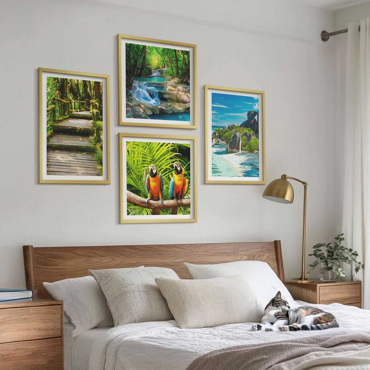 BILDER SET 4er Set - 50x50 cm & 40x60 cm Goldrahmen - Tropischer Wald Papageienwasserfall - Goldfarben, Kunststoff (50/50cm) - TULUP