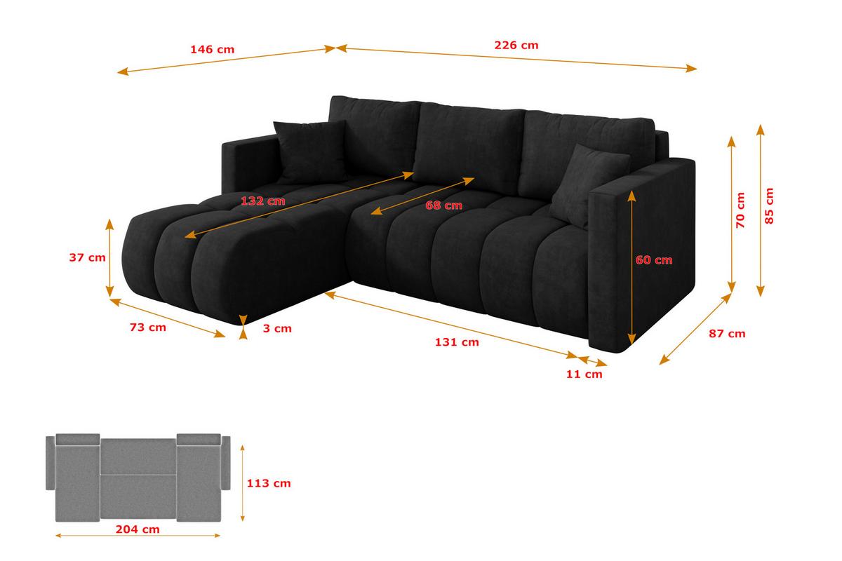 ECKSOFA mit Schlaffunktion Ottomane Links GARD-L 226x146x85 Schwarz Velours - Schwarz, Holzwerkstoff/Kunststoff (226/146cm) - ALTDECOR