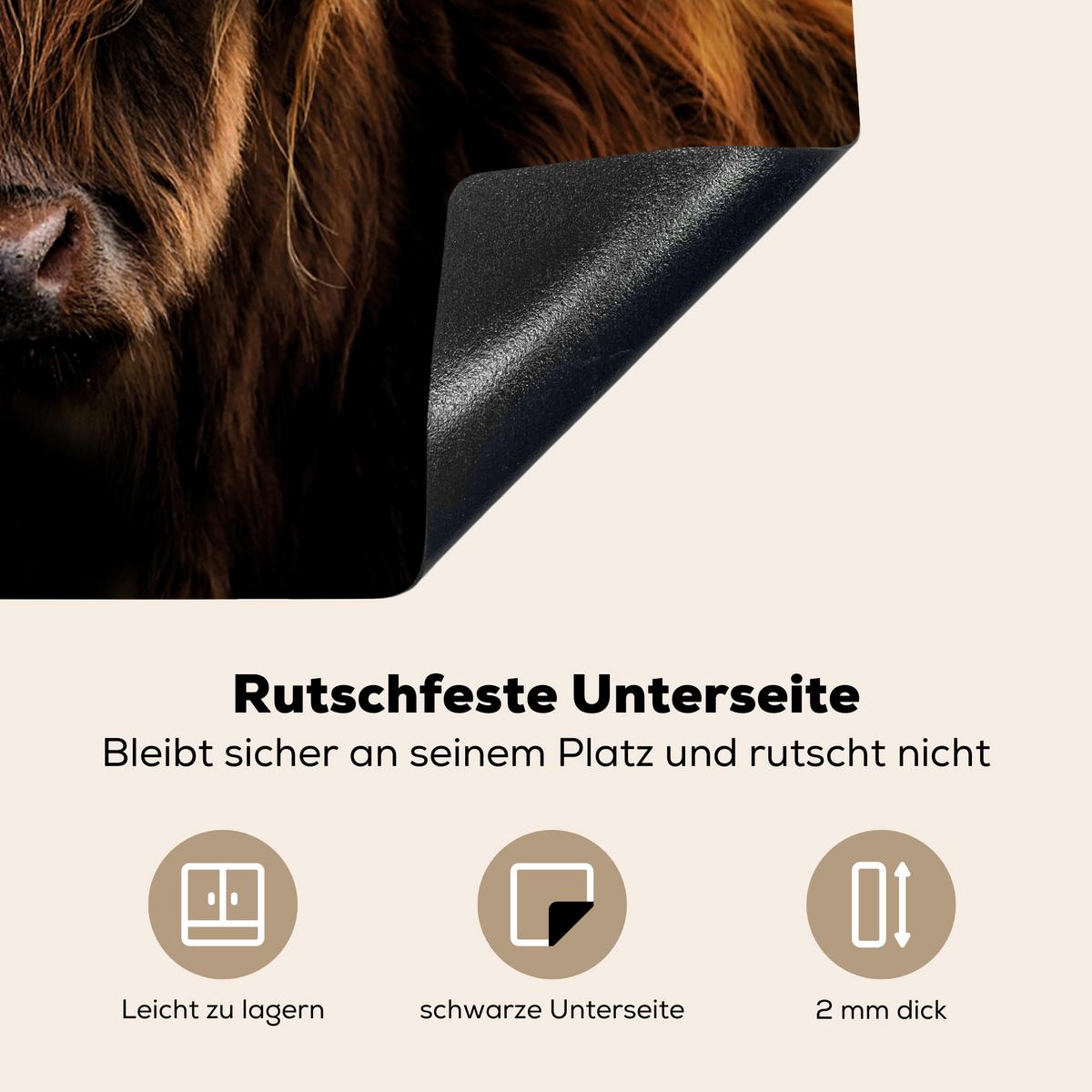 HERDABDECKPLATTE Schottischer Highlander - Hörner - Schwarz - Tiere - Natur - Wild - Kuh Abdeckung Ceranfeld 59x51 cm - Cognac, Kunststoff (59/51/0.2cm) - MuchoWow