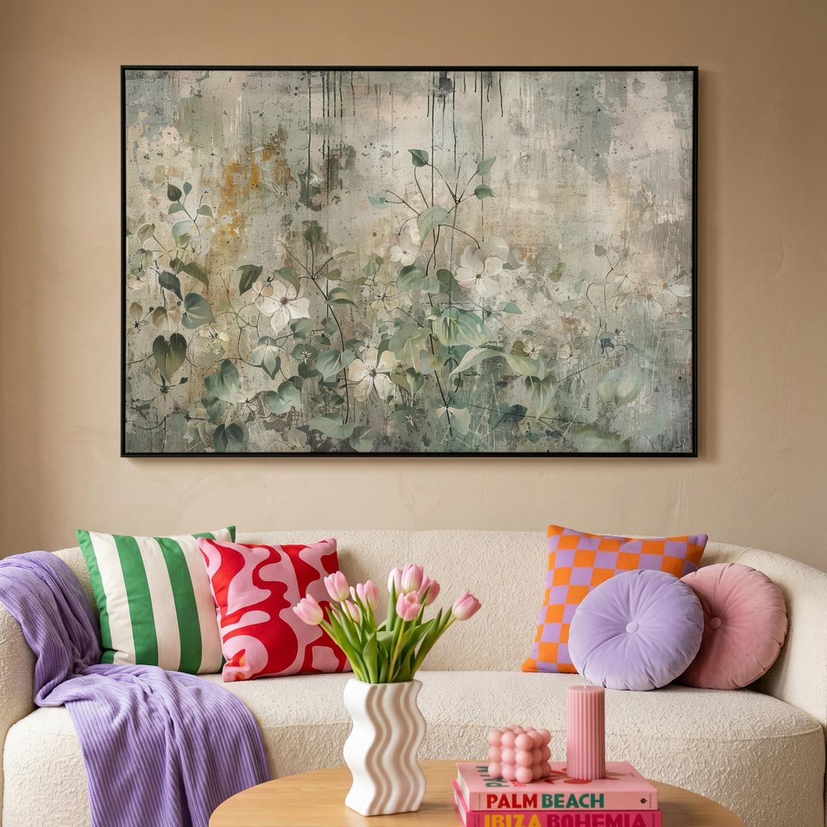 LEINWAND Bilder mit Rahmen - Blumen - Blätter - Abstrakt - Modern - 150x100 - Grau, Textil (150/100cm) - MuchoWow
