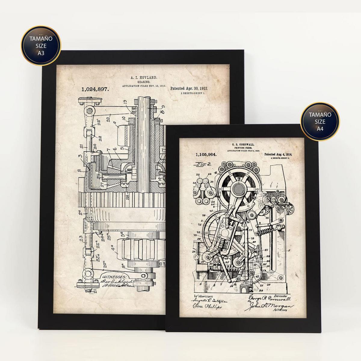 POSTER Set Mit 6 Plakaten Mit Maschinen Patenten Im Vintage Stil A3 & A4 Schwarzer Rahmen - Schwarz, Papier (29/3cm) - Nacnic