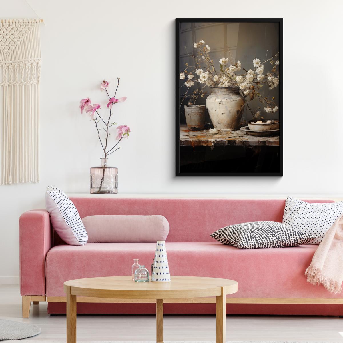 POSTER MIT RAHMENGERAHMTES BILD Stilleben - Blumen - Blumenstrauß - Vase - Wein 60x90 cm - Schwarz, Papier (60/90cm) - MuchoWow