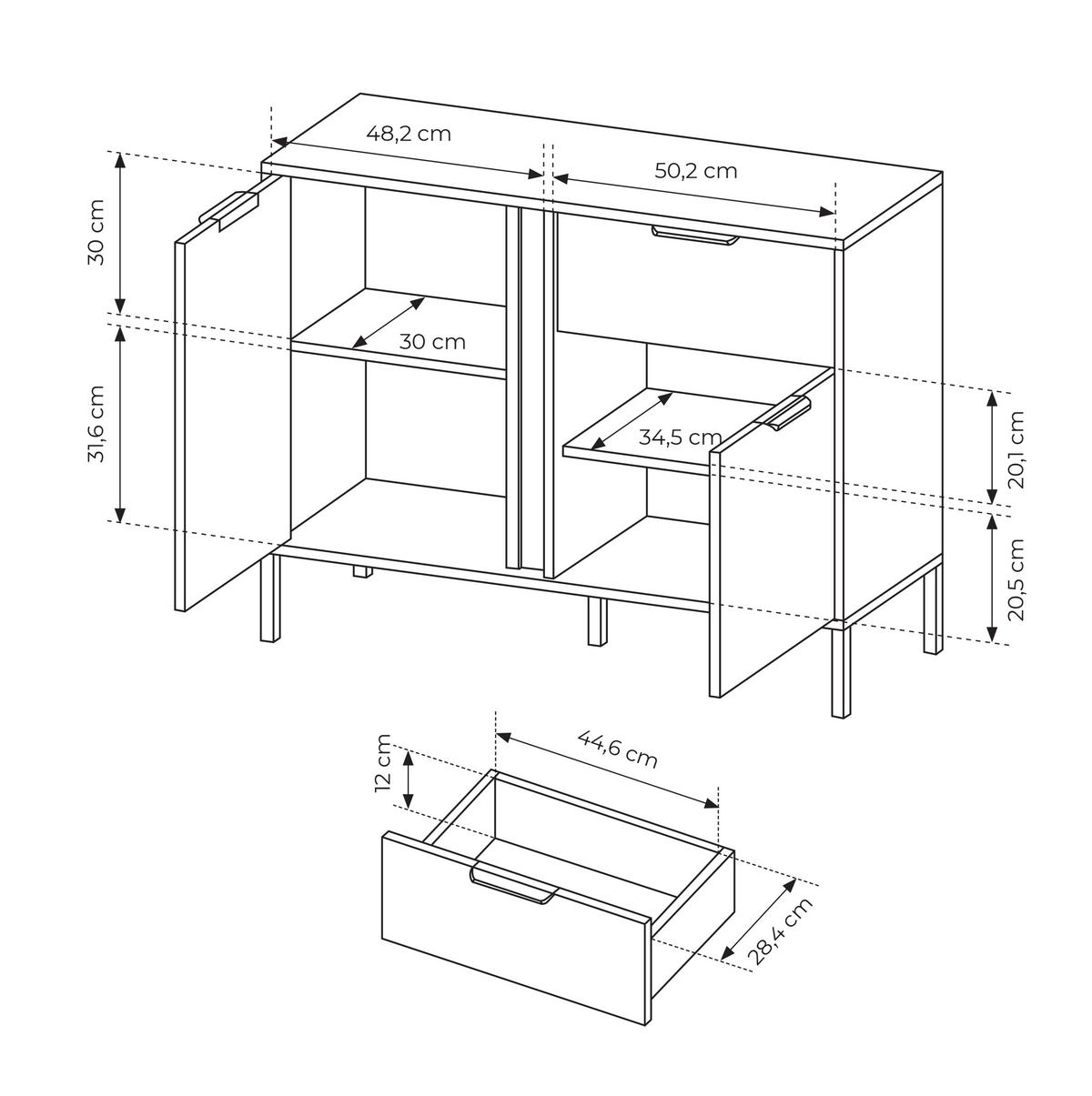 SIDEBOARD Catanian 2T 1S Grau 103,3/81,4/39,5 cm – mit goldenen Griffen und schwarzen Beinen - Schwarz/Grau, Holzwerkstoff/Metall (103.3/81.4/39.5cm) - AX Living