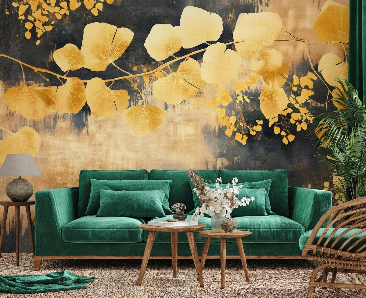FOTOTAPETE Blätter Abstrakt Golden 368x254 cm - Multicolor, Textil (368/254cm) - Wallarena