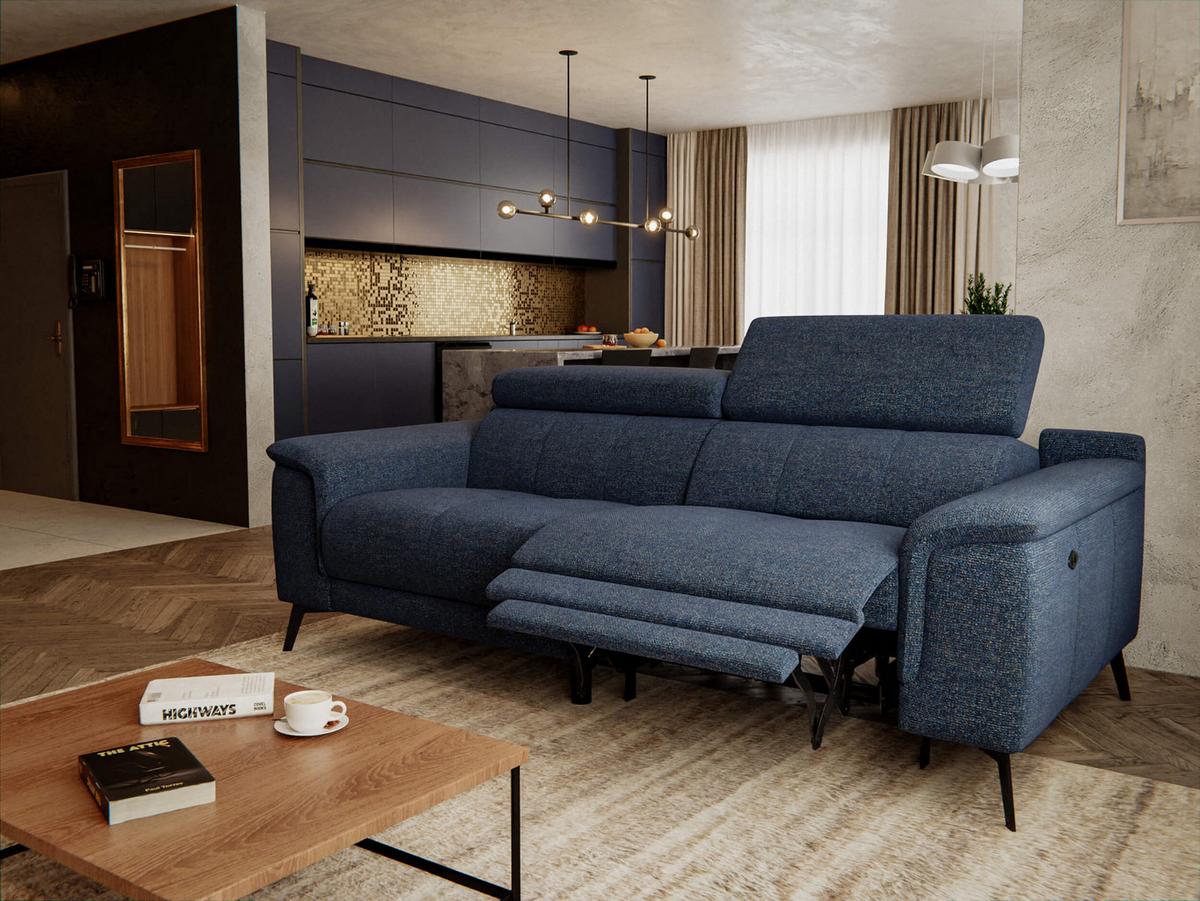 RELAXSOFA FIERO 3-Sitzer mit 1 Relaxfunktion, dunkelblau - Schwarz/Dunkelblau, Holzwerkstoff/Textil (212/82/103cm) - Wozimo