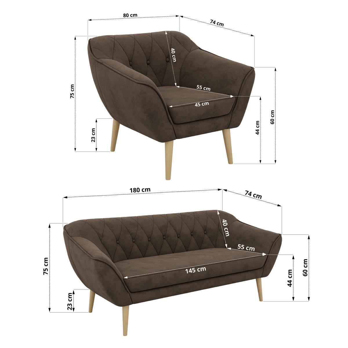 SITZGARNITUR PIRS 3+3+1 - Braun Velvet - Holzbeine - Dunkelbraun/Buchefarben, Holzwerkstoff/Textil (180/75/74cm) - MKS