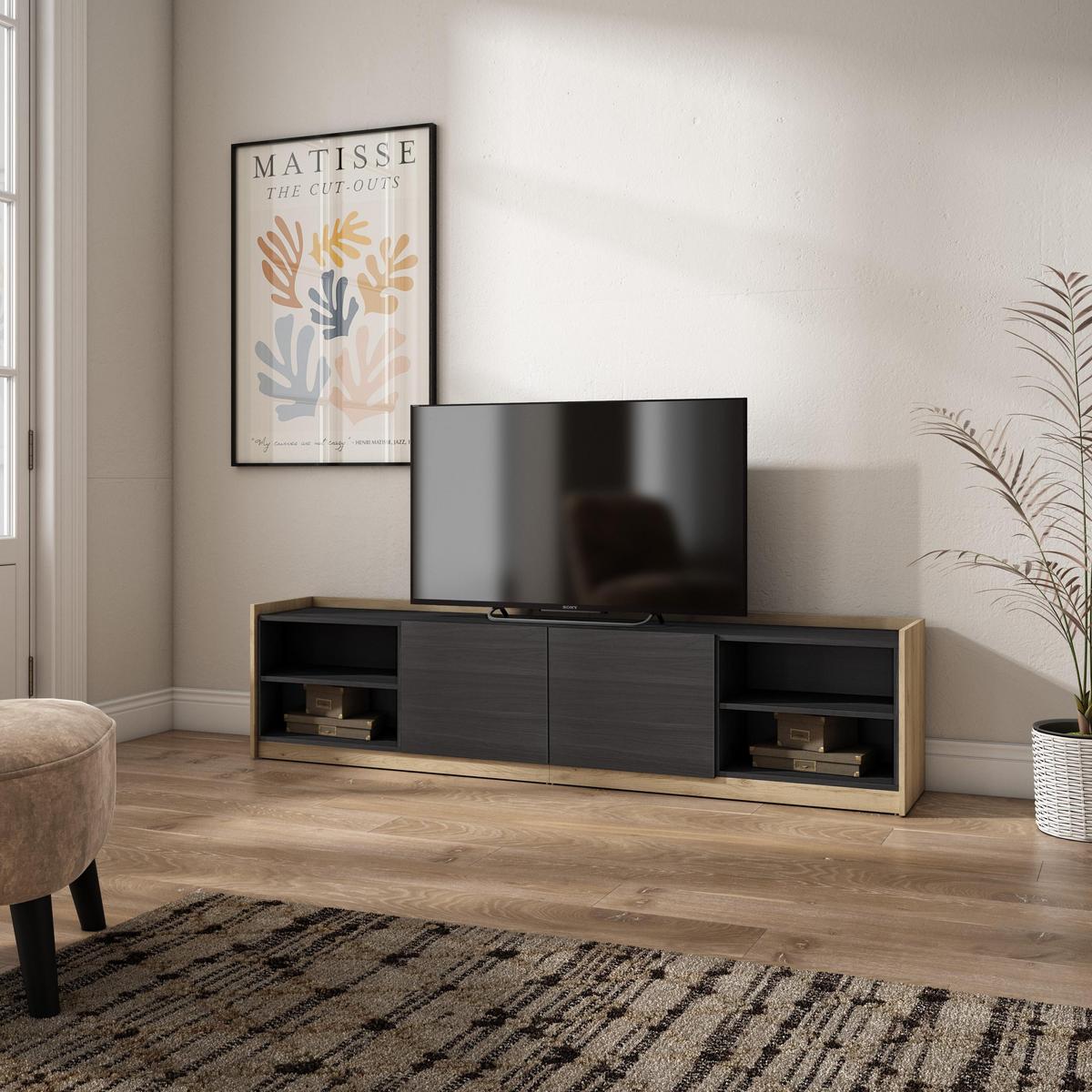 LOWBOARD, 207x37x50cm, Für TV-Geräte bis zu 80", Fernsehtisch, Schwarz Eiche - Schwarz, Holzwerkstoff (207/50/37cm) - Skraut Home